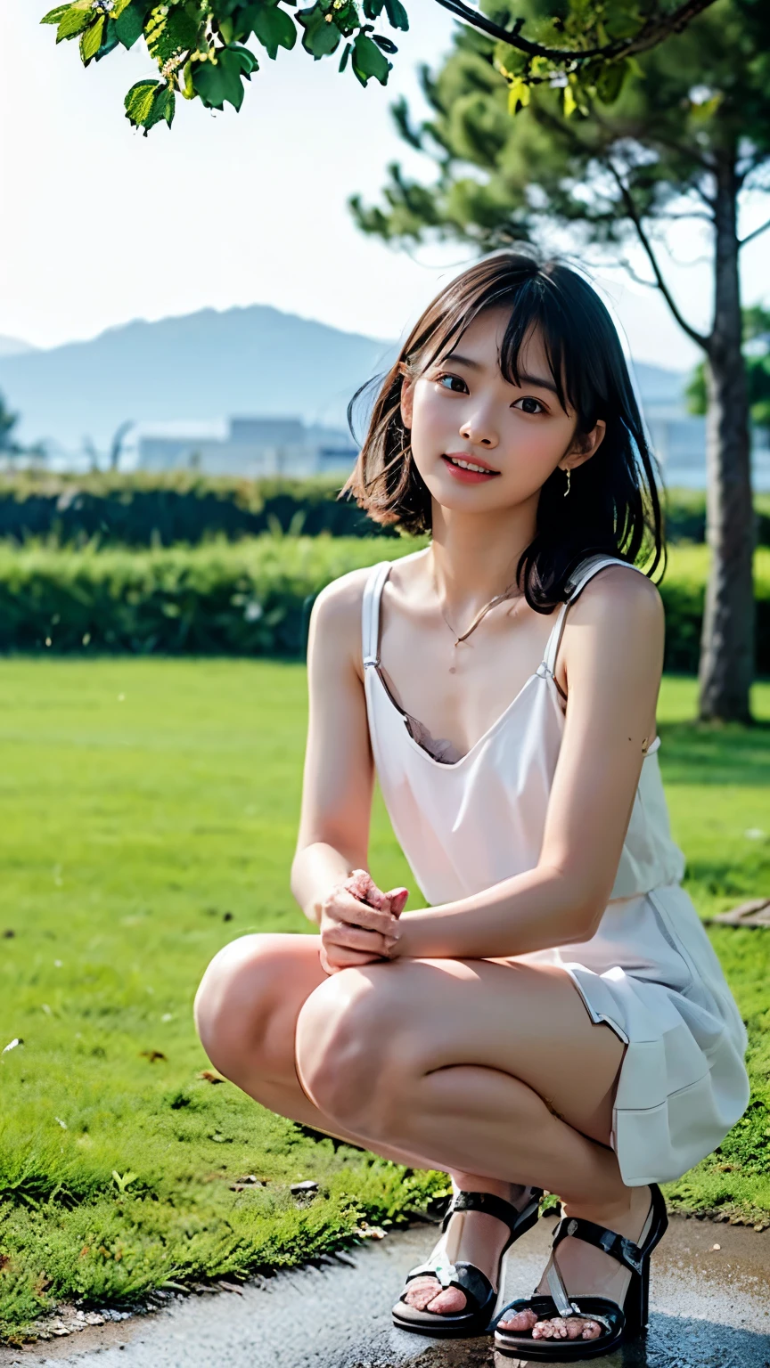 nsfw:0.8, ((Fluffy sleeveless dress))，super high quality, a scene from the movie,Japanese famous actress，Peeing outdoors，Omorashi，open squatting and peeing,(The ground is wet with pee:1.2), 40 years old ,smile,，64k, high Quality ，Clear body line、Small size breast,、Full body diagram、Angle from the side、Staring at the camera、beauty,high detail，standing on the sunset beach:1.4 , no make，My hair is fluttering in the wind， short hair:1.0, Delicate shoulders, (The breast are facing up:1.4),,( lerge Mons pubis :),smile,sunbeam,Pee stance,