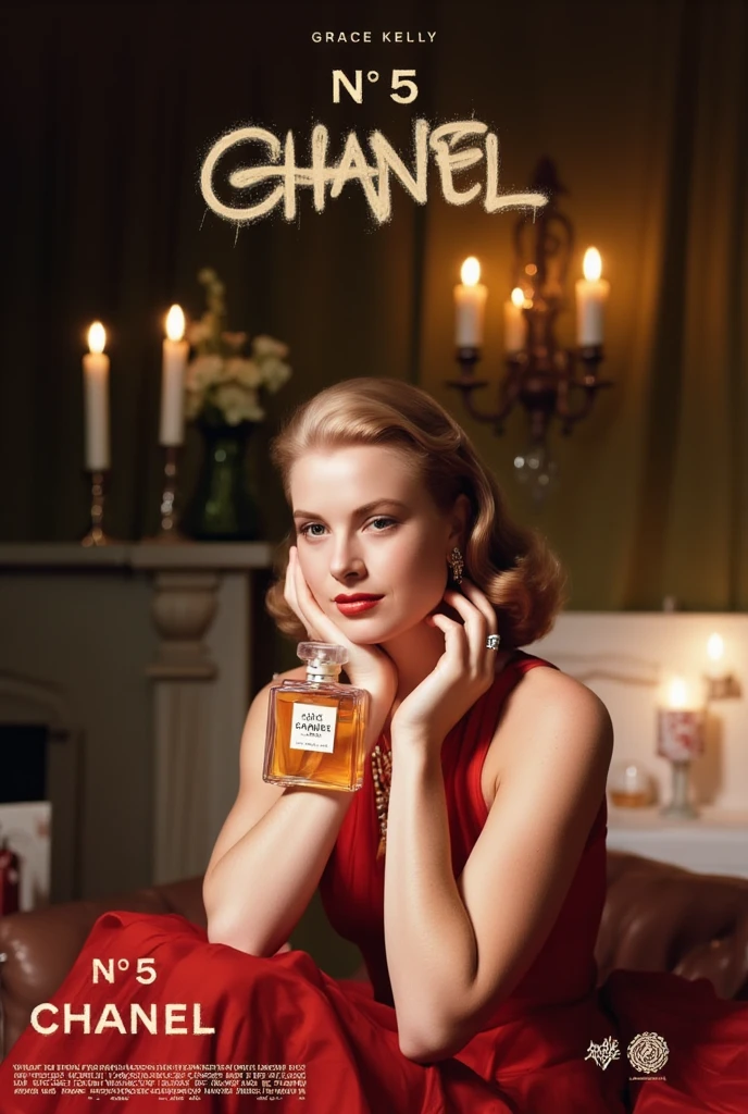 CM poster, (writing Italic word "Chanel's No. 5 for you " written in middle Red decoration of gorgeous letters at the upon the screen),　Front view, Looking at viewer,  Grace Kelly, right hand hold   Chanel's No. 5 perfume from own face, smile , middle cut, golden hair,  Chanel design earing,  Red Chanel dinner simple dress,  candle light, in home, night( super detailed,   High Details  ,  High Quality , Accurate,  anatomically correct , textured skin, beautiful fingers  super detailed,   High Details  ,  High Quality ,  High Quality )
