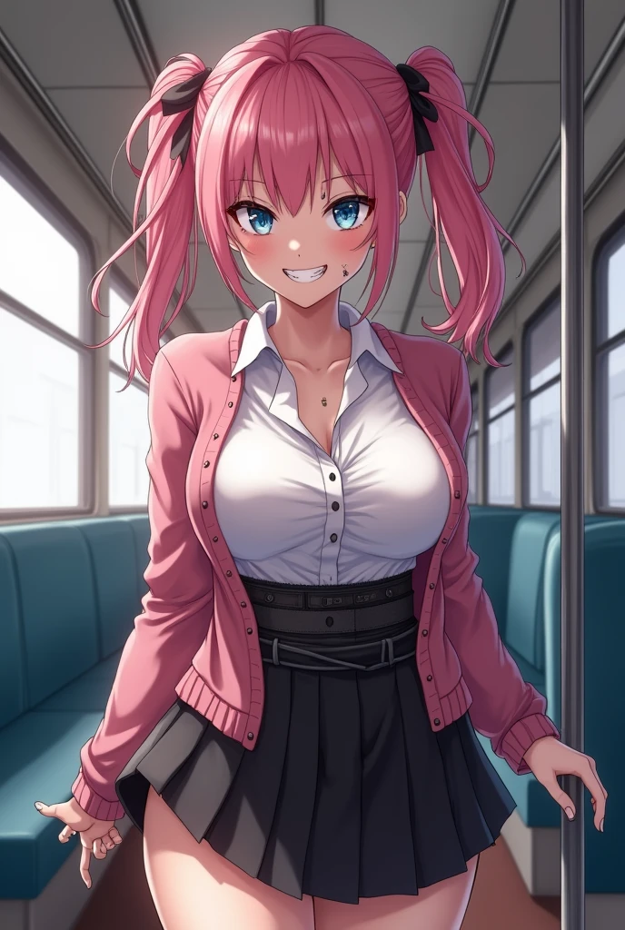 detailed Face、long eyelash、Detailed eye、(High Ponytail:1.3)、(red eye:1.3)、(Pink hair and white mesh:1.2)、large breast cleavage、slimness、Tartan checked skirt、angle from above、white school uniform、Light blue and white lace sheer lingerie、FULL BODY、Bag、Get off the bus