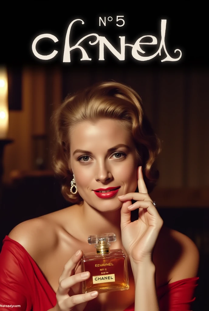 CM poster, (writing Italic word "Chanel's No. 5 for you " written in middle Red decoration of gorgeous letters at the upon the screen),　Front view, Looking at viewer,  Grace Kelly, right hand hold   Chanel's No. 5 perfume from own face, smile , middle cut, golden hair,  Chanel design earing,  Red Chanel dinner simple dress,  candle light, in home, night( super detailed,   High Details  ,  High Quality , Accurate,  anatomically correct , textured skin, beautiful fingers  super detailed,   High Details  ,  High Quality ,  High Quality )
