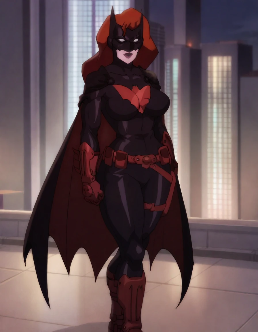 score_9, score_8_up, score_7_up, 
Batwoman, pale skin, long hair, red hair, black bodysuit, lipstick, mask, white sclera, bat cape, red bat gloves, red belt, upper body, Muscles showing through suit, 6 pack showing through suit, smiling, Huge Breasts, Huge Butt, Huge Thick Thighs, Wide Hips, Cyberpunk Gothic city Background, Batwoman facing forward to viewer,