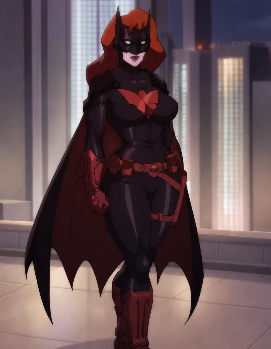 score_9, score_8_up, score_7_up, 
Batwoman, pale skin, long hair, red hair, black bodysuit, lipstick, mask, white sclera, bat cape, red bat gloves, red belt, upper body, Muscles showing through suit, 6 pack showing through suit, smiling, Huge Breasts, Huge Butt, Huge Thick Thighs, Wide Hips, Cyberpunk Gothic city Background, Batwoman facing forward to viewer,