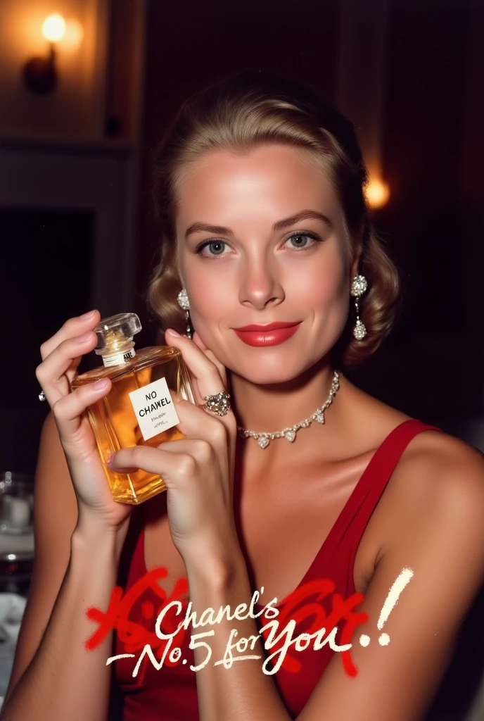 CM poster, (writing Italic word "Chanel's No. 5 for you " written in middle Red decoration of gorgeous letters at the upon the screen),　Front view, Looking at viewer,  Grace Kelly, right hand hold   Chanel's No. 5 perfume from own face, smile , middle cut, golden hair,  Chanel design earing,  Red Chanel dinner simple dress,  candle light, in home, night( super detailed,   High Details  ,  High Quality , Accurate,  anatomically correct , textured skin, beautiful fingers  super detailed,   High Details  ,  High Quality ,  High Quality )
