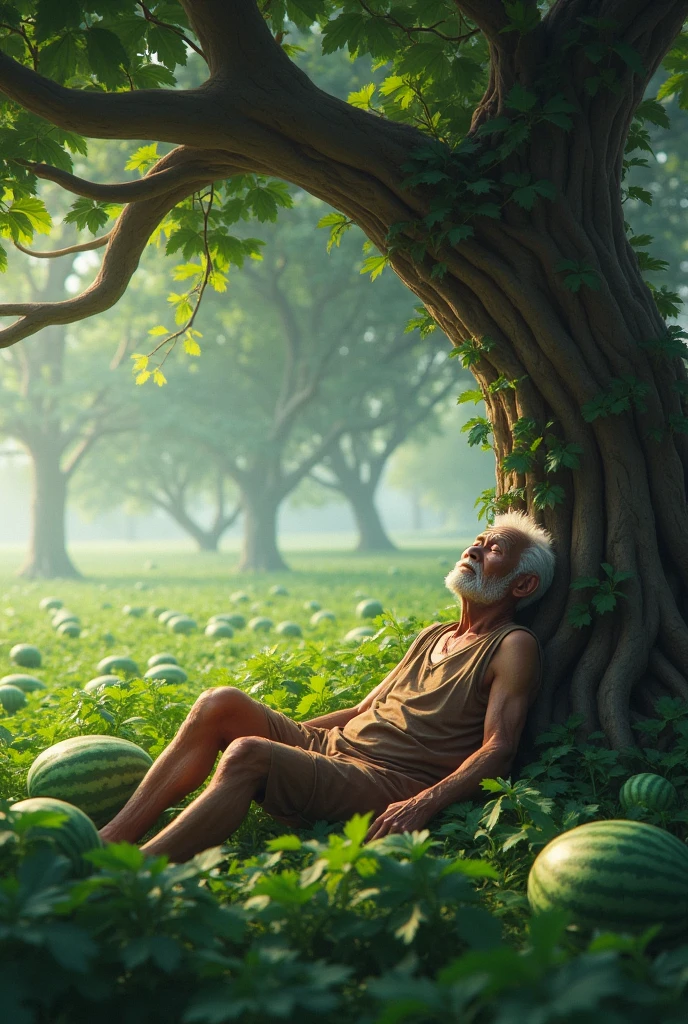 A man lies under a banyan tree guarding a watermelon field