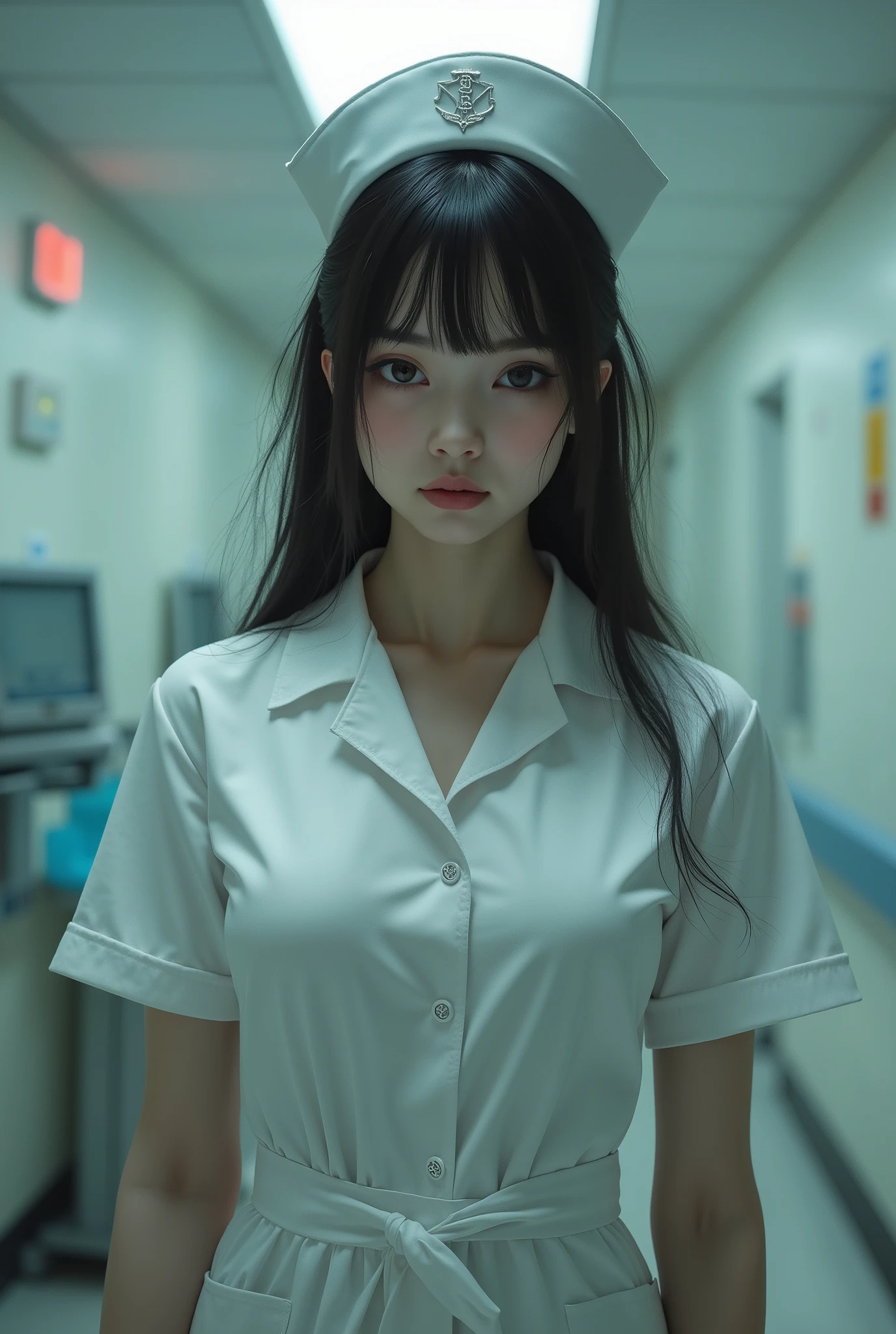 An arafi woman wearing a white uniform sitting on the bed, korean girl, Ulzzang, sakimichan hdri, nurse girl, with long hair, asian girl with long hair, perfect android girl, smooth white tight clothing suit, sakimi chan, soft hair, real anime girl, anime girl cosplay, realistic. Chen Yi