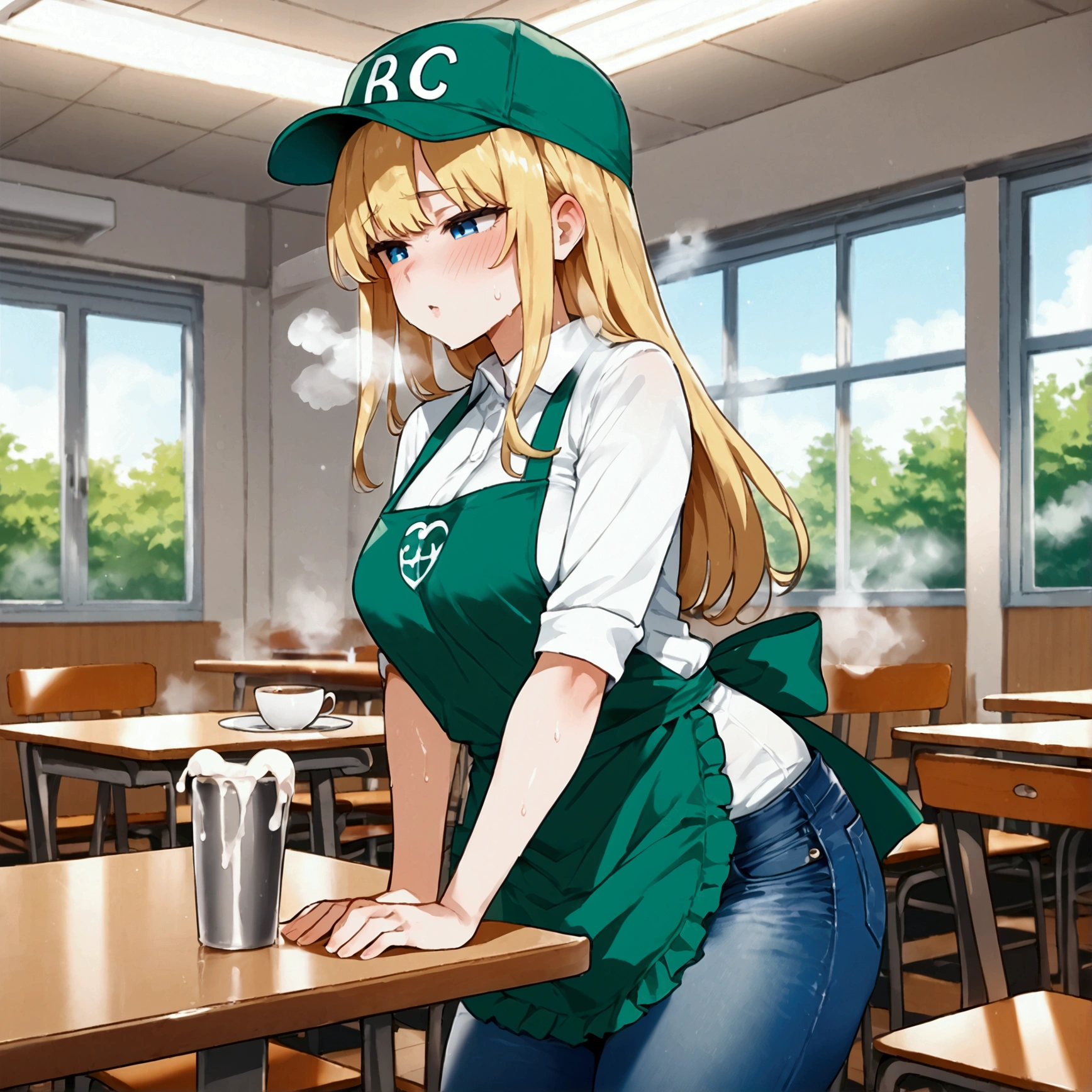 Young futanari woman, green apron, green cap, white shirt, jeans, with pants half down masturbating and cumming in a cup, cafeteria backroom, cafeteria, steam, sweat, breath.