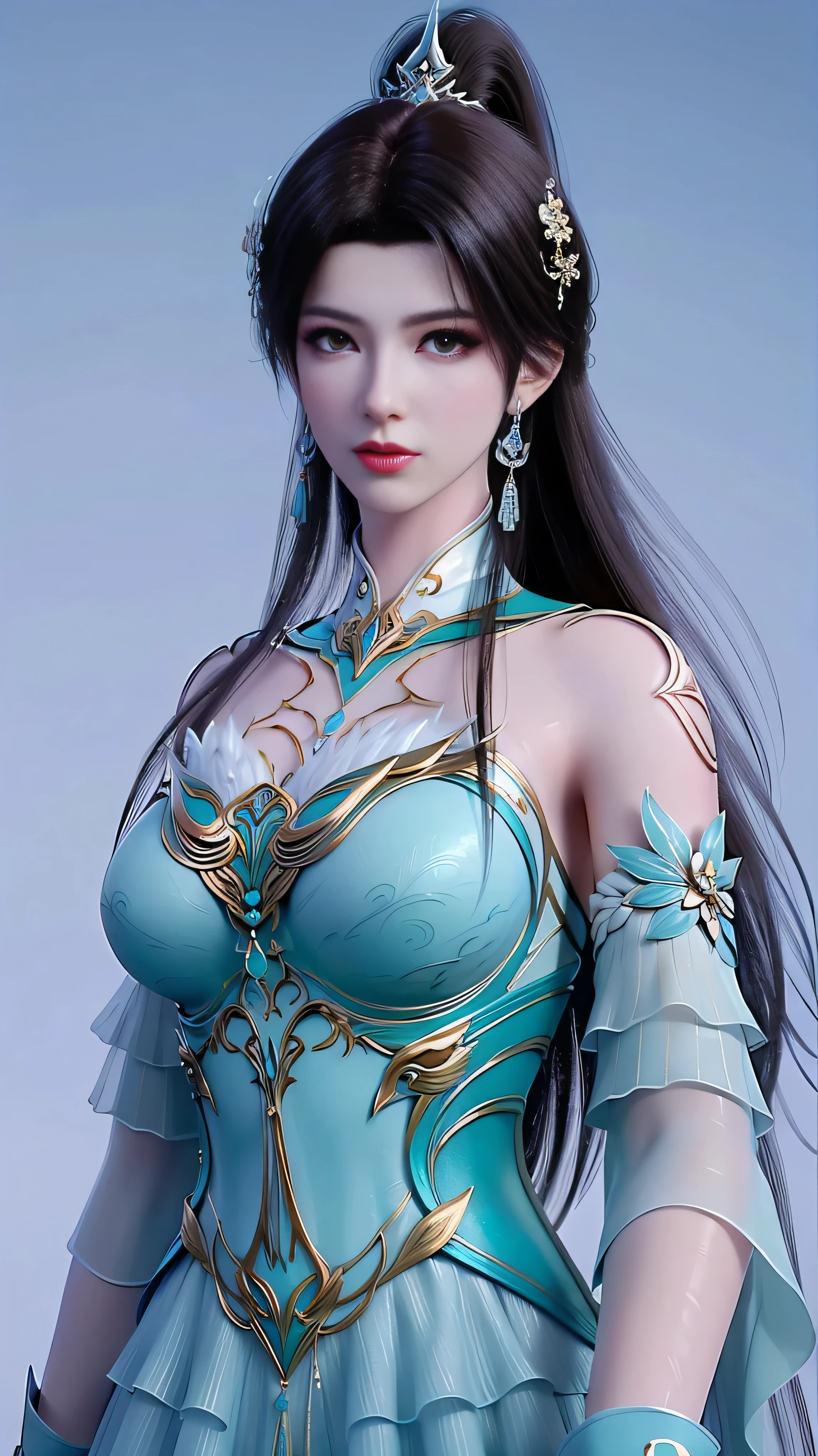 (masterpiece), (best quality:1.5), 8k, 16k, Very perfect, Very smooth, (Very clear:1.3), Very detailed, ferpect detailed, absurd, (highres:1.3),(Crystal skin), 
xuner,1 girl, solo, black hair, long hair, ponytail, hair decoration, green dress, gold decoration, (sleeve length:1.1), see-through sleeves, detached collar, shiny clothes, shiny skin, earrings, jewelry , closed mouth, small smile, breasts, (pale skin:1.2), thin, narrow waist, (Glowing skin), (oil skin), (Pale skin),(Wet skin),
(gloss:1.3), slender legs, high heels, wind lifter, dynamic pose, branch, (plum blossom:1.2), blue sky, (upper body:1.5), ferpect lighting, (Looking at viwer:1.7), (big breasts:1.5), 