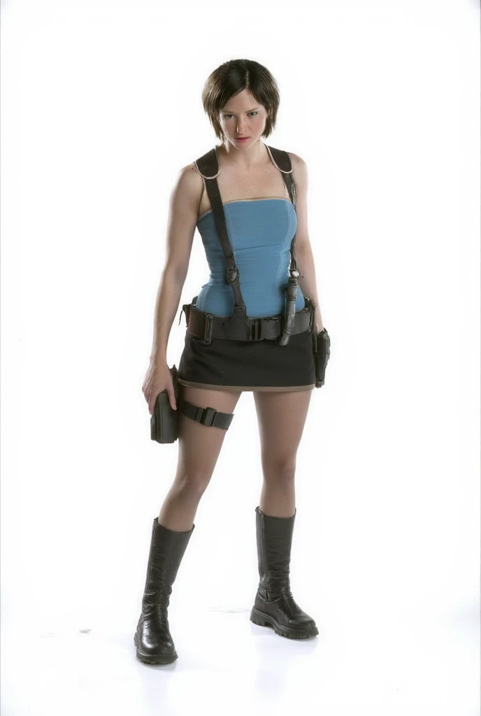 Jill Valentine Resident Evil Apocalypse wearing black boots, black hair, skirt, blue top, "character design", "concept art", "side and back view", empty background.