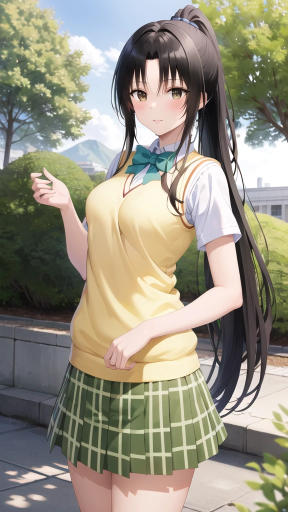 masterpiece, best quality, highres, 1girl, solo, long hair, black hair, ponytail, parted bangs, brown eyes, school uniform, green bowtie, white shirt, short sleeves, sweater vest, yellow vest, plaid skirt, green skirt, standing, cowboy shot, outdoors