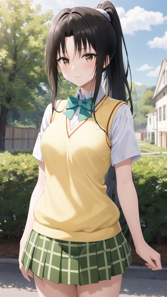 masterpiece, best quality, highres, 1girl, solo, long hair, black hair, ponytail, parted bangs, brown eyes, school uniform, green bowtie, white shirt, short sleeves, sweater vest, yellow vest, plaid skirt, green skirt, standing, cowboy shot, outdoors