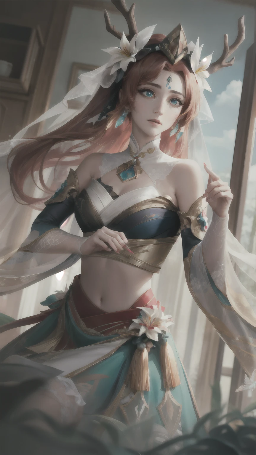 dutch angle, ( masterpiece,  better quality,  extremely detailed CG ,  beautiful detailed eyes, ultra-detallado,   intricate details :1.2),  wallpaper 8k ,  Elaborate features ,
 upper body
1girl,
 beautiful, elegant,
nilou ( neither flower nor fog ) ( impact genshin ), aqua eyes, fake antlers,  red hair,  long hair, Crop top, jewelry, antlers, veil, brace, brooch,  long sleeves, puffy  long sleeves, skirt, blows, collections,  bulging sleeves, neck ring , gold ornament, parted blows, little circle, blue skirt,  hair ornament,  detachable sleeves , low collections,  Floating hair, joya, blue jewelrytone, Dancer, white headdress, midriff, very  long hair,
Around the garden , flores,   butterflies, Sunlight, sunflores , lilies, rose, Naturaleza, Petals, lens flare,
[blurred background, bokeh, [blurred, bloom, 
bloom, bokeh, caustics, chiaroscuro,  chromatic aberration ,  diffraction peaks ,  Depth of field , projected shadow, shortening, gradient, lens flare, light  Particles ,  Particles  