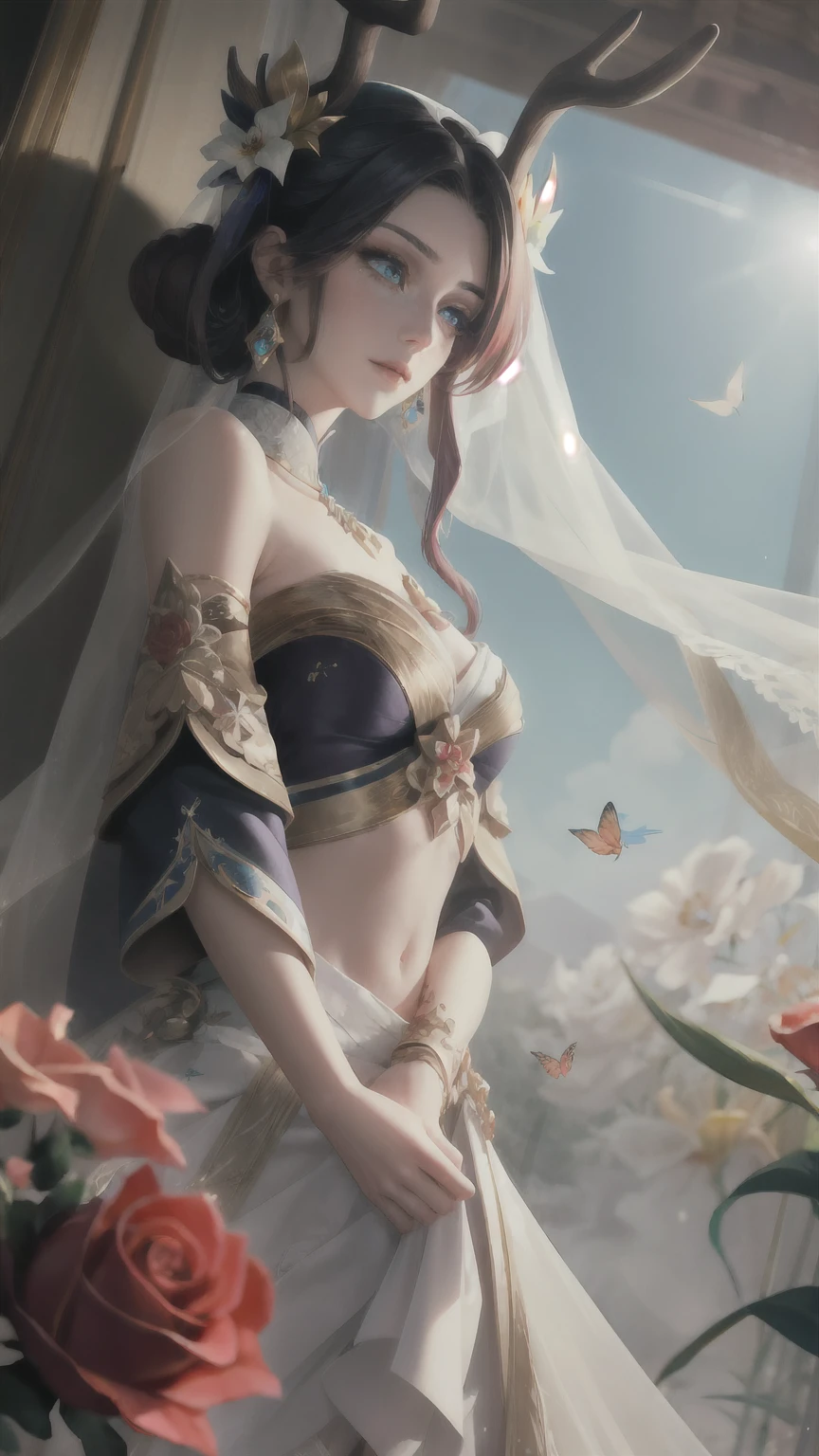 dutch angle, ( masterpiece,  better quality,  extremely detailed CG ,  beautiful detailed eyes, ultra-detallado,   intricate details :1.2),  wallpaper 8k ,  Elaborate features ,
 upper body
1girl,
 beautiful, elegant,
nilou ( neither flower nor fog ) ( impact genshin ), aqua eyes, fake antlers,  red hair,  long hair, Crop top, jewelry, antlers, veil, brace, brooch,  long sleeves, puffy  long sleeves, skirt, blows, collections,  bulging sleeves, neck ring , gold ornament, parted blows, little circle, blue skirt,  hair ornament,  detachable sleeves , low collections,  Floating hair, joya, blue jewelrytone, Dancer, white headdress, midriff, very  long hair,
Around the garden , flores,   butterflies, Sunlight, sunflores , lilies, rose, Naturaleza, Petals, lens flare,
[blurred background, bokeh, [blurred, bloom, 
bloom, bokeh, caustics, chiaroscuro,  chromatic aberration ,  diffraction peaks ,  Depth of field , projected shadow, shortening, gradient, lens flare, light  Particles ,  Particles  