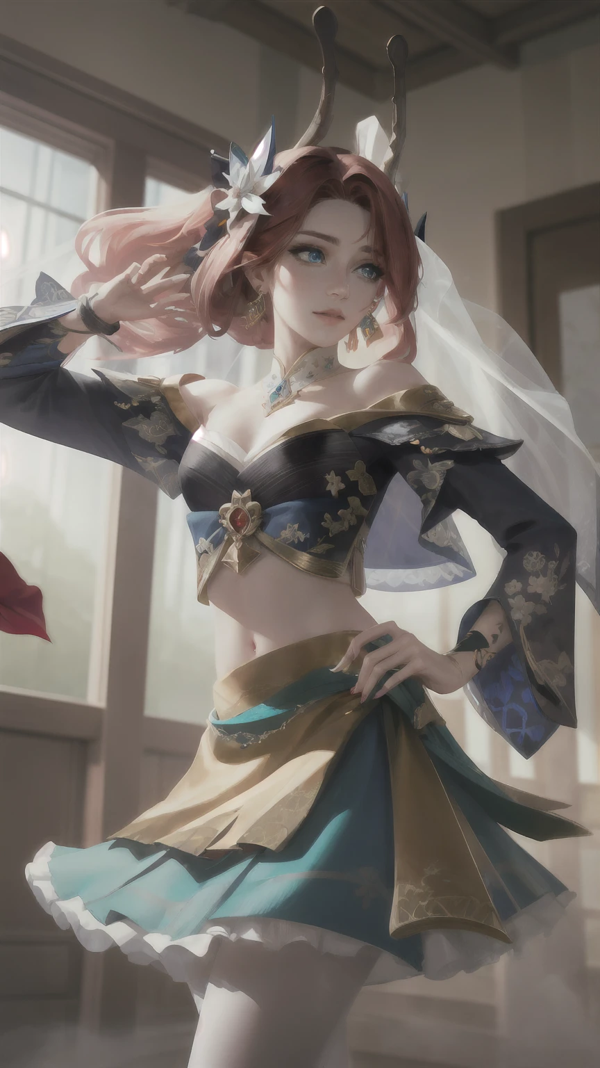 dutch angle, ( masterpiece,  better quality,  extremely detailed CG ,  beautiful detailed eyes, ultra-detallado,   intricate details :1.2),  wallpaper 8k ,  Elaborate features ,
 upper body
1girl,
 beautiful, elegant,
nilou ( neither flower nor fog ) ( impact genshin ), aqua eyes, fake antlers,  red hair,  long hair, Crop top, jewelry, antlers, veil, brace, brooch,  long sleeves, puffy  long sleeves, skirt, blows, collections,  bulging sleeves, neck ring , gold ornament, parted blows, little circle, blue skirt,  hair ornament,  detachable sleeves , low collections,  Floating hair, joya, blue jewelrytone, Dancer, white headdress, midriff, very  long hair,
Around the garden , flores,   butterflies, Sunlight, sunflores , lilies, rose, Naturaleza, Petals, lens flare,
[blurred background, bokeh, [blurred, bloom, 
bloom, bokeh, caustics, chiaroscuro,  chromatic aberration ,  diffraction peaks ,  Depth of field , projected shadow, shortening, gradient, lens flare, light  Particles ,  Particles  