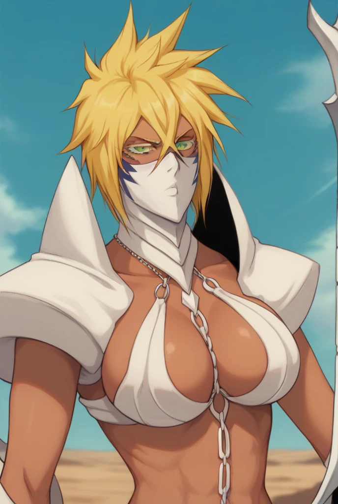  Powerful necklace inspired by Tier Harribel from Bleach , tall and with tanned skin ,  intense green eyes and short, spiky blonde hair .  She wears white armor with a skeletal design ,  that partially covers the body ,  giving it a fierce and mysterious appearance .  The armor has details that resemble a shark ,  especially in the chest and arms area ,  similar to a Hollow mask .  She holds a large sword with a jagged, sharp blade .  The posture is dynamic and ready for battle ,  with an intense expression  .  The background is a desolate desert with dark clouds in the sky,  highlighting its threatening and imposing presence, naken