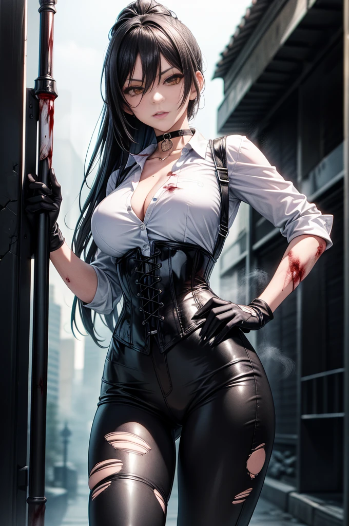 ((masterpiece, best quality)), (1girl), (solo), (female focus), Asa Mitaka \(chainsaw man\),(very detailed face, real image, realistic skin, realistic body, intricate details), from behind, dark eyes, bandages over the body, black hair, far sleeve shirt, lingerie, nice ass, big thighs, big ass, bandages, blood, bandages, bandages, blood, small breasts