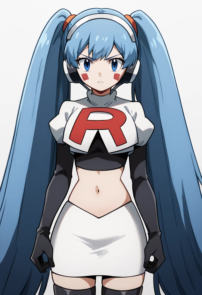 score_9, score_8_up, score_7_up, source_anime, hermit mio, long hair, blue eyes, twintails, very long hair, blue hair, facial mark,, headphones, looking at viewer, solo,, cowboy shot, team rocket,team rocket uniform,white skirt,red letter R,crop top,black thigh-highs,black elbow gloves