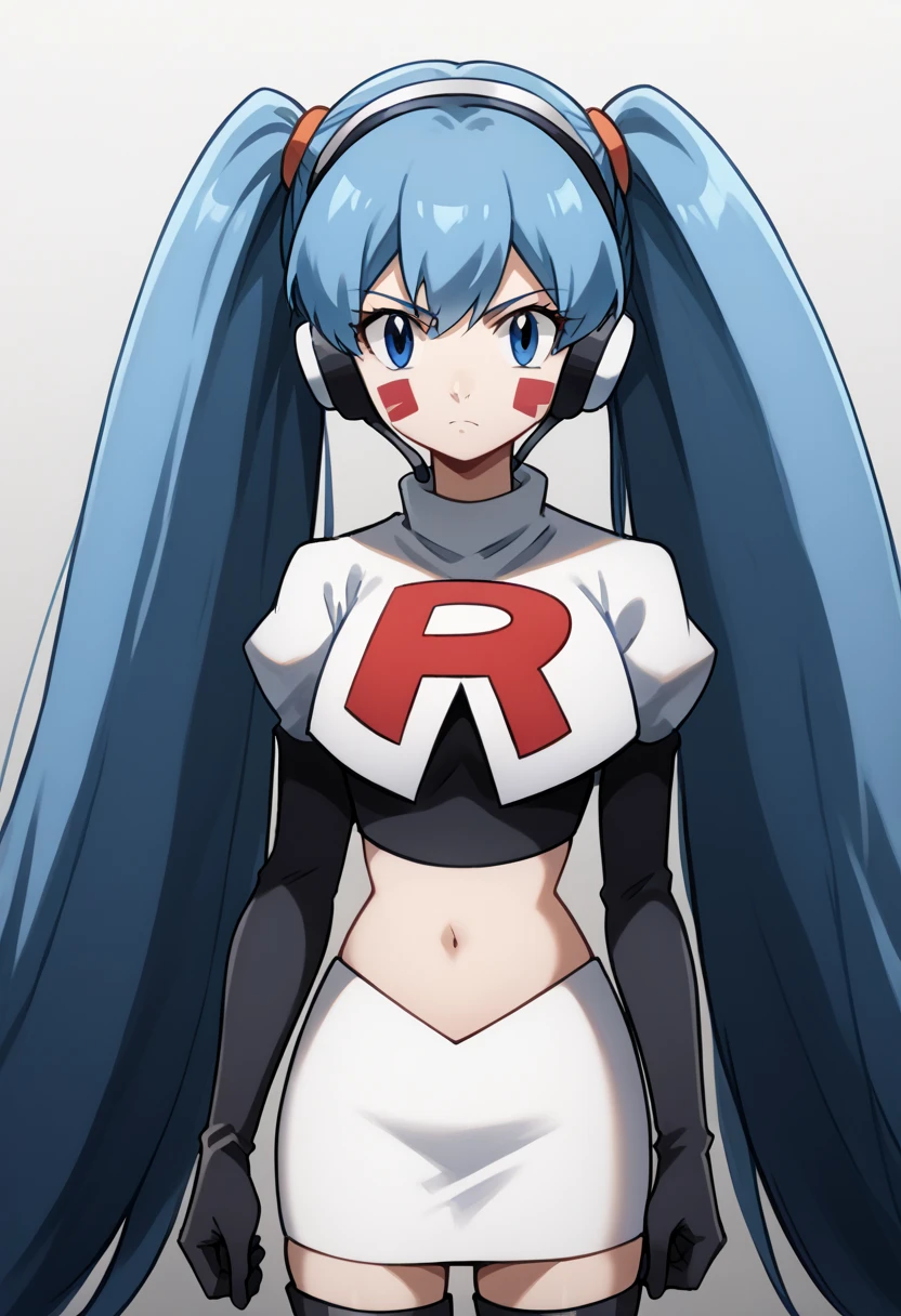 score_9, score_8_up, score_7_up, source_anime, hermit mio, long hair, blue eyes, twintails, very long hair, blue hair, facial mark,, headphones, looking at viewer, solo,, cowboy shot, team rocket,team rocket uniform,white skirt,red letter R,crop top,black thigh-highs,black elbow gloves