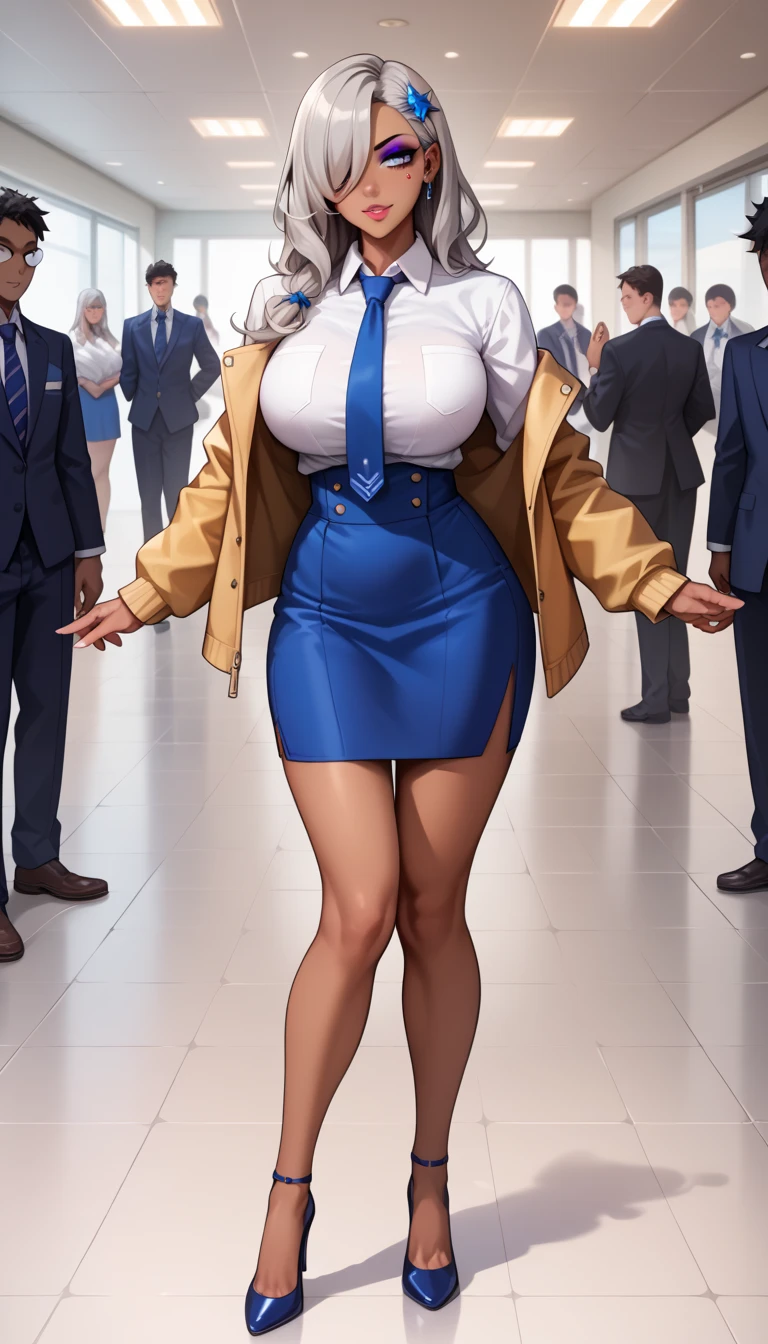(Best quality, 8k, 32k, Masterpiece, UHD:1.2),Photo of Pretty Japanese woman, ((1 girl)), ((solo)) (medium-short dark brown hair), double eyelid, large breasts, breast cleavage, naked with sexy cabin attendant uniform, sexy tight uniform, short sleeve, short skirt, stockings, high heels, standing in airplane, look at viewer, faint smile, from below , crowd passenger