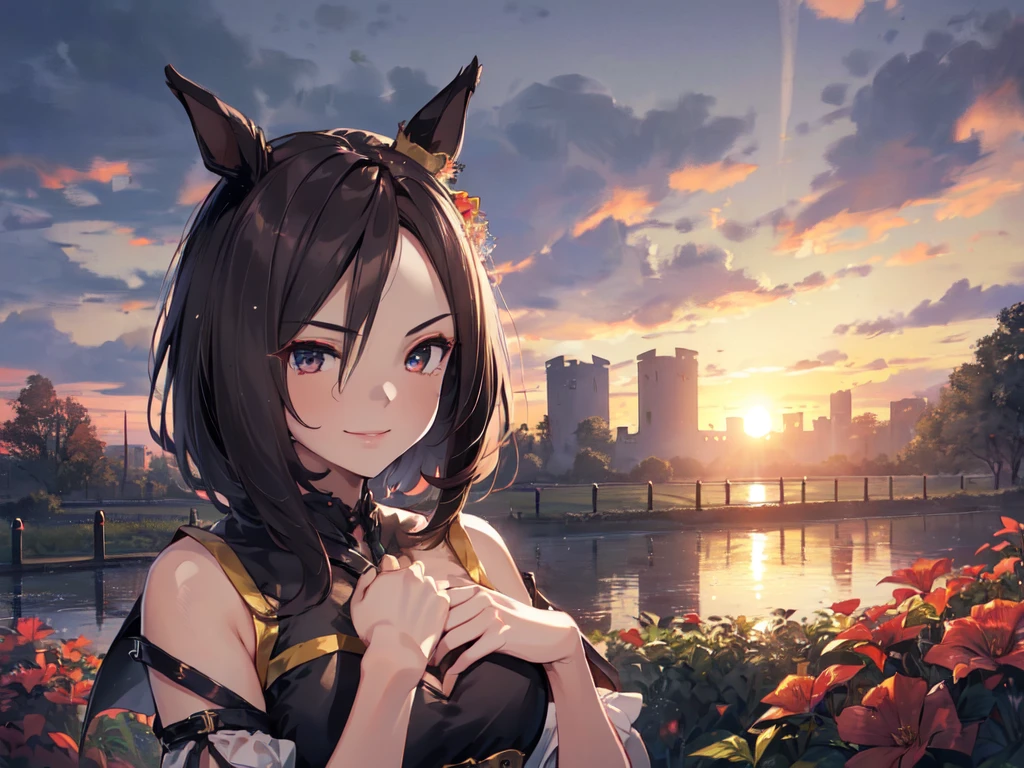 (Solo:2), (1 female:2), (Durandal), (Short fingers, short arms, short legs), (Horse ears), (Arms crossed), (Smiling, looking at camera), (Castle red garden), (Sunset), (Focus on chest), (Carefully drawn, amazing artwork, best quality, high resolution, 8K, detailed, delicate),