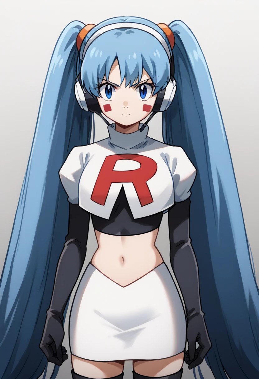 score_9, score_8_up, score_7_up, source_anime, hermit mio, long hair, blue eyes, twintails, very long hair, blue hair, facial mark,, headphones, looking at viewer, solo,, cowboy shot, team rocket,team rocket uniform,white skirt,red letter R,crop top,black thigh-highs,black elbow gloves