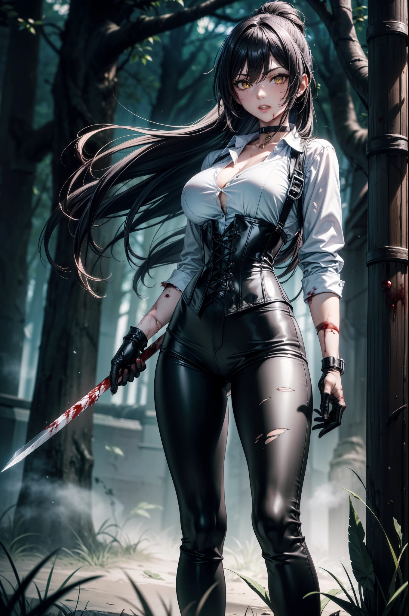 (Yaedef :1.4), 8K, highres, ultra detailed , (((torn clothes))), (((scratches on the body ))), ((( wounds on the body))), (((Blood in the body))), (masterpiece:1.4), better quality, Sakuya Shirase, symmetrical body, sensual lips, perfect breasts , big breasts, slender legs , fighting pose, with his right hand he holds a spear, badass anime girl , bright clothes, beautiful, Alone, standing, fighting pose, seen from the front, serious look, showing teeth, long ponytail black hair, detailed face , detailed eyes amber yellow eyes, choker :1.6, ( white collar shirt :1.4), long black gloves , (black leather corset), ( shiny black leggings), black leather boots , dark path , dark forest at night , atmosphere, fog, fog, darkness