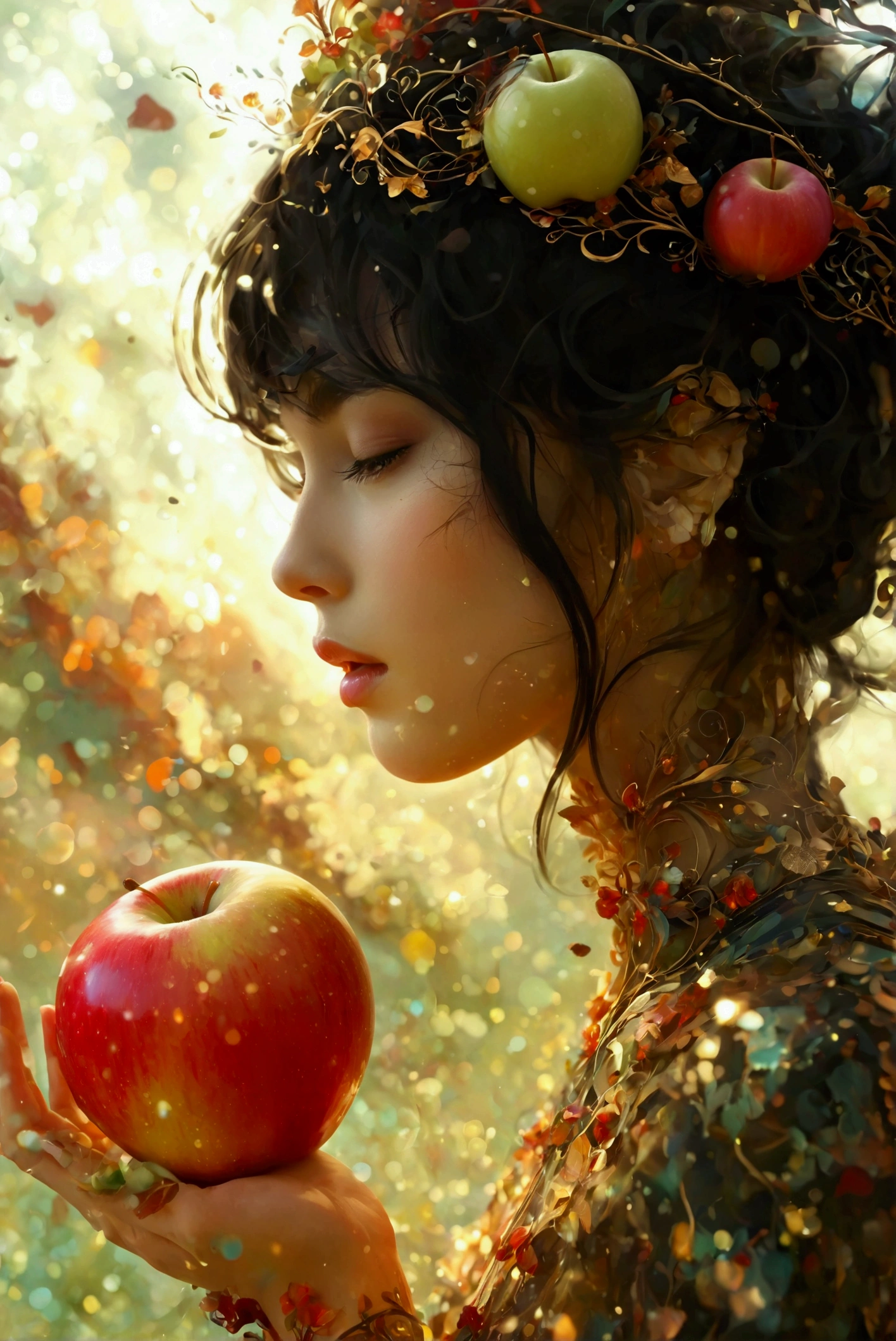 An abstract digital artwork featuring an intricate blend of colors and textures, creating a mysterious and ethereal mood. There is an apple. The overall effect is a harmonious blend of cool and warm tones, with high luminance in certain areas, contributing to the abstract and enigmatic nature of the artwork. The image has a shallow depth of field, focusing primarily on the brighter areas while maintaining a cohesive, ethereal feel throughout.