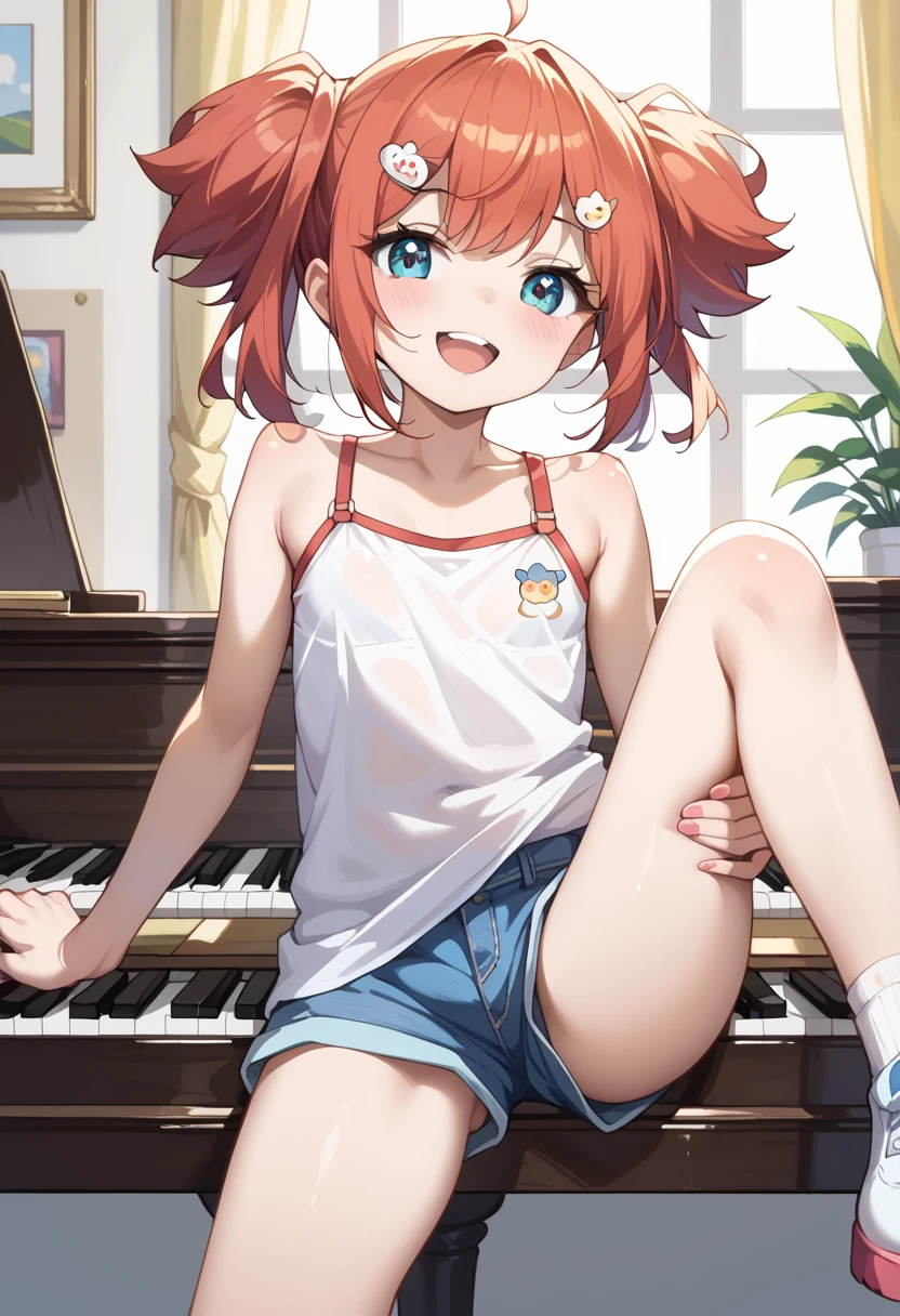 (( top quality )), ((masterpiece)), (be familiar with),  perfect face, indoor, bedroom,  Watching Viewers ,
One woman, Yuen Hui,
 open mouth,  ecstatic expression beside the piano, blush, smile,
 small ,  flat chest, Young girl, Lori,  kids,  girl,
Short Hair,  twin tails,
Leg spread,