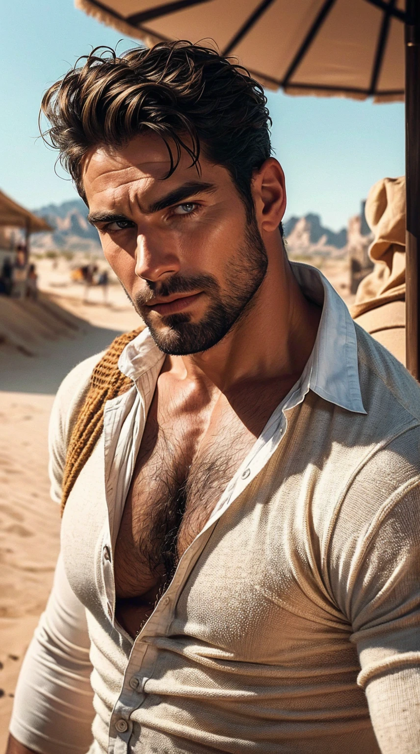 A young handsome skinny man with no shirt standing in the desert with many horses running behind him