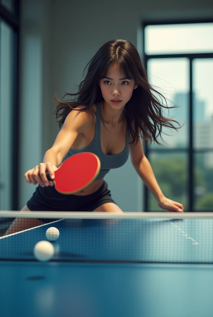 table tennis player, Round face, medium-sized eyes, natural eyebrows, small and simple nose, average-sized lips, light skin tone, long straight hair or lightly wavy hair, (8k, RAW photo, best quality, masterpiece:1.2), (realistic, photo-realistic:1.4), (extremely detailed 8k wallpaper), solo, a Japanese woman