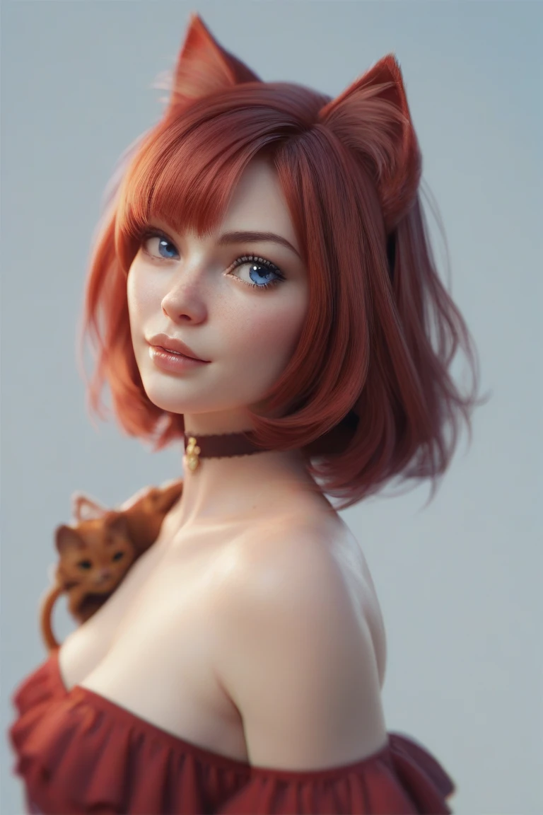1girl, full body, teenager, solo, (short pixie cut Hair, undercut red hair: 1.28), ((light gray eyes)), some small freckles, (dark fox ears: 1.35), pale skin, large breasts, cleavage, (thin hips, thin waist , athletic body: 1.25), simple background, looking , (wearing only a bikini, riding a pillow: 1.5), kneeling down, (a pillow in between her legs: 1.41), masterpiece, best quality,3d rending work ,3DMM style, close-up, portrait, 3D,