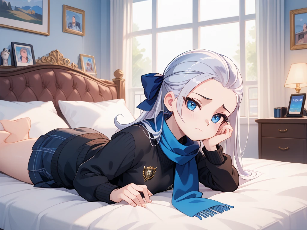 by, coffee with blue details ,  blue eyes,  black sweater, black flick, medias negras, blue bow on the head, blue scarf,  sitting on the bed ,  tender girl with sad expression, con orejas de gato y cola gato. 