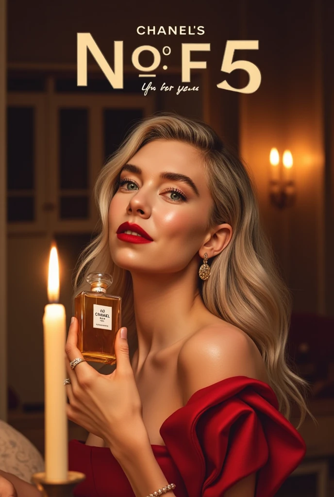 CM poster, (writing Italic letter "Chanel's No. 5 for you " written in middle Red decoration of gorgeous letters at the upon the screen),　Front view, Looking at viewer,  Vanessa Kurby ,  smile , middle cut, golden hair,  Chanel design earing,  right hand hold   Chanel's No. 5 perfume from own face,Red Chanel dinner simple dress,  candle light, in home, night( super detailed,   High Details  ,  High Quality , Accurate,  anatomically correct , textured skin, beautiful fingers  super detailed,   High Details  ,  High Quality ,  High Quality )
