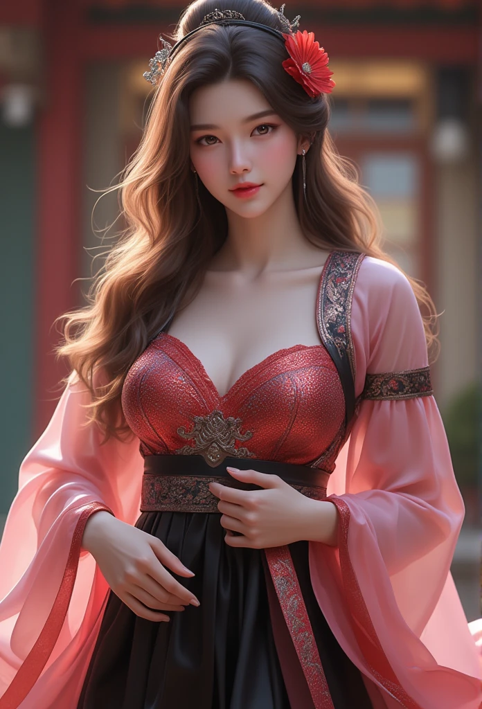 (best quality,4k,8k,highres,masterpiece:1.2),ultra-detailed,(realistic,photorealistic,photo-realistic:1.37),beautiful girl in Red Indian Saree ,big breast,cute face,long eyelashes,luminous skin,narrow waist,flowing hair,rosy cheeks,sparkling blue eyes, Playful smile,elegant posture,lovely tiara,charming necklace,vibrant flowers in the background,sunlight filtering through the trees,soft and ethereal lighting style , Background cherry blossom , big cleavage