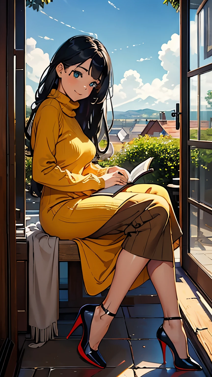    ((masterpiece, high resolution, better quality, better details)), ((Smiling)), ((one girl)) a girl reading a book on a cozy window seat in a quaint cottage, full body, wearing a long, wool knit sweater maxi dress with a turtleneck, ((long dress without openings)), ((Louboutin high heels)), visible high heels, green eyes, ((black hair, long hair)), shiny skin, ((front view)), solo, from the front, full body, focus full body, with soft cushions and a view of the countryside