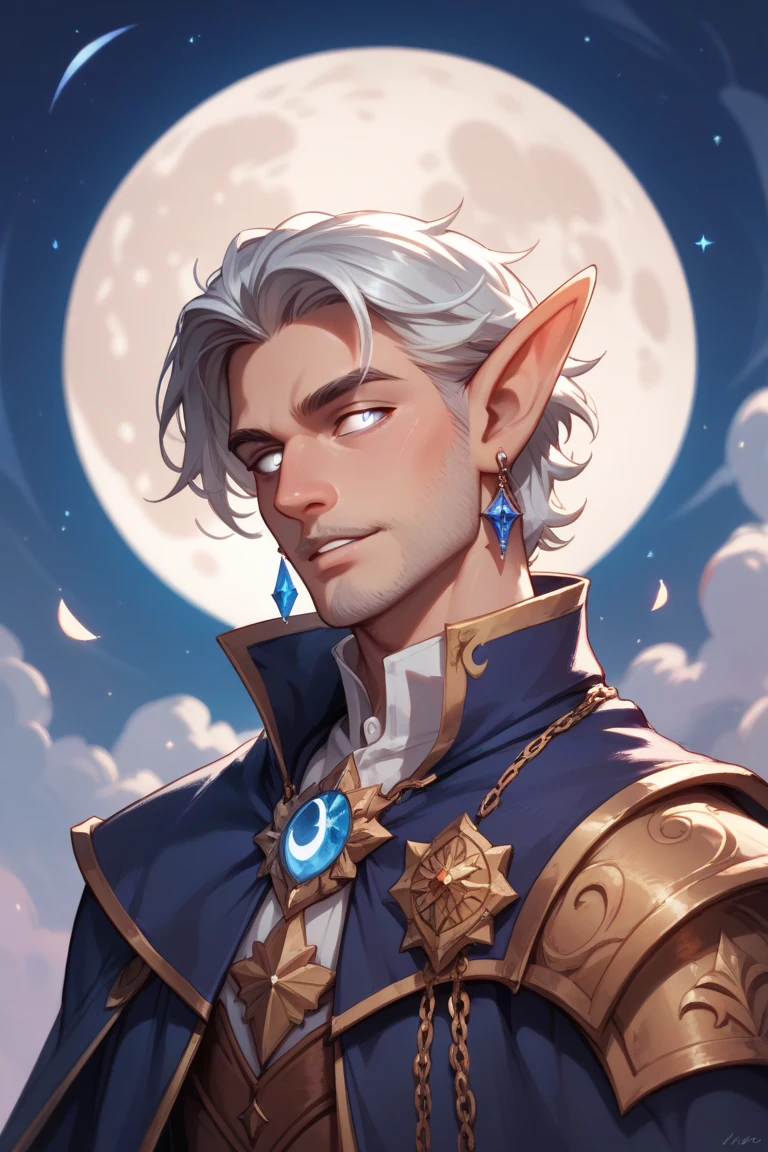 elf male, silver hire, pony tale,white eyes, earrings in the form of a moon, wizard