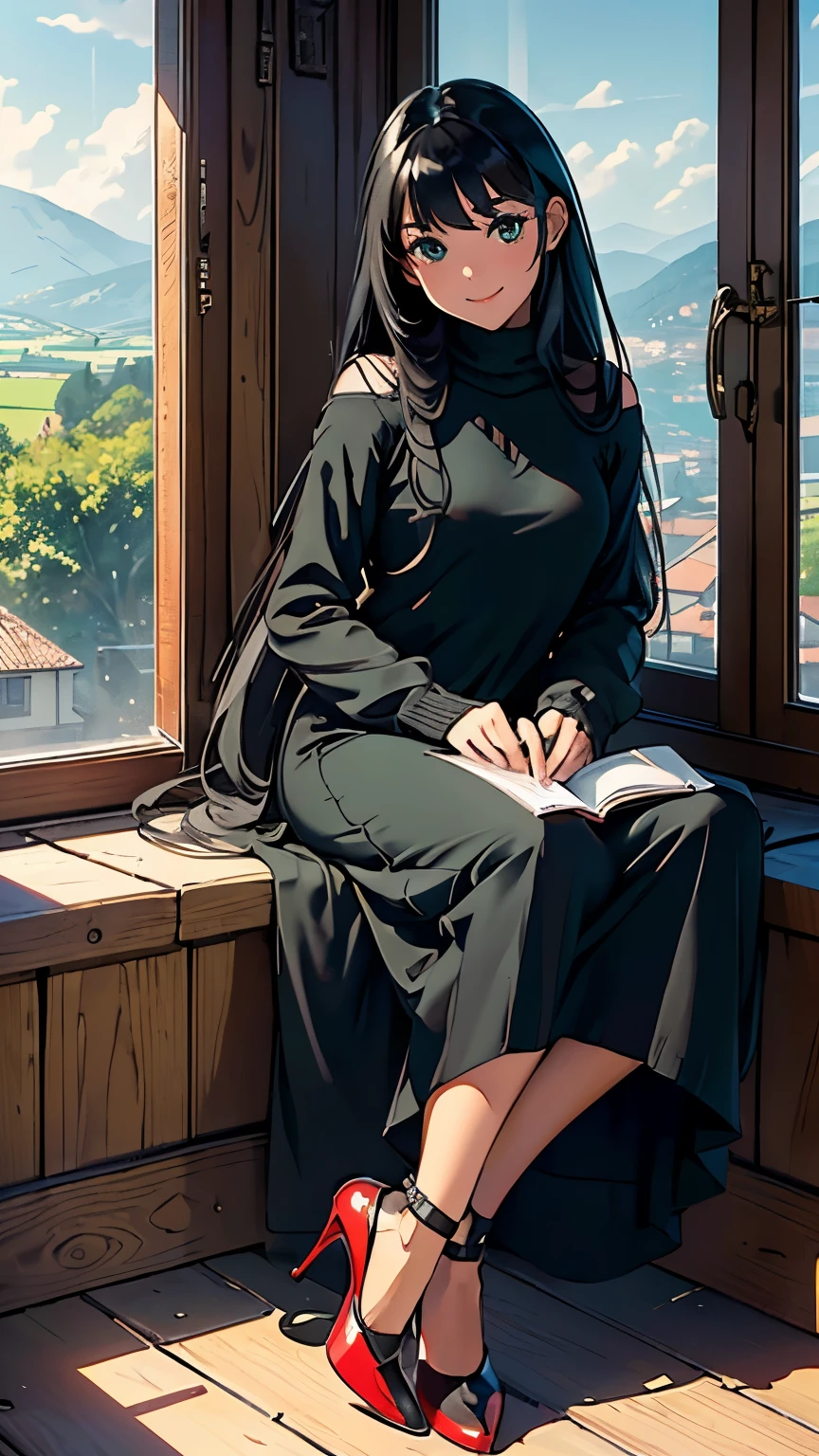    ((masterpiece, high resolution, better quality, better details)), ((Smiling)), ((one girl)) a girl reading a book on a cozy window seat in a quaint cottage, full body, wearing a long, wool knit sweater maxi dress with a turtleneck, ((long dress without openings)), ((Louboutin high heels)), visible high heels, green eyes, ((black hair, long hair)), shiny skin, ((front view)), solo, from the front, full body, focus full body, with soft cushions and a view of the countryside