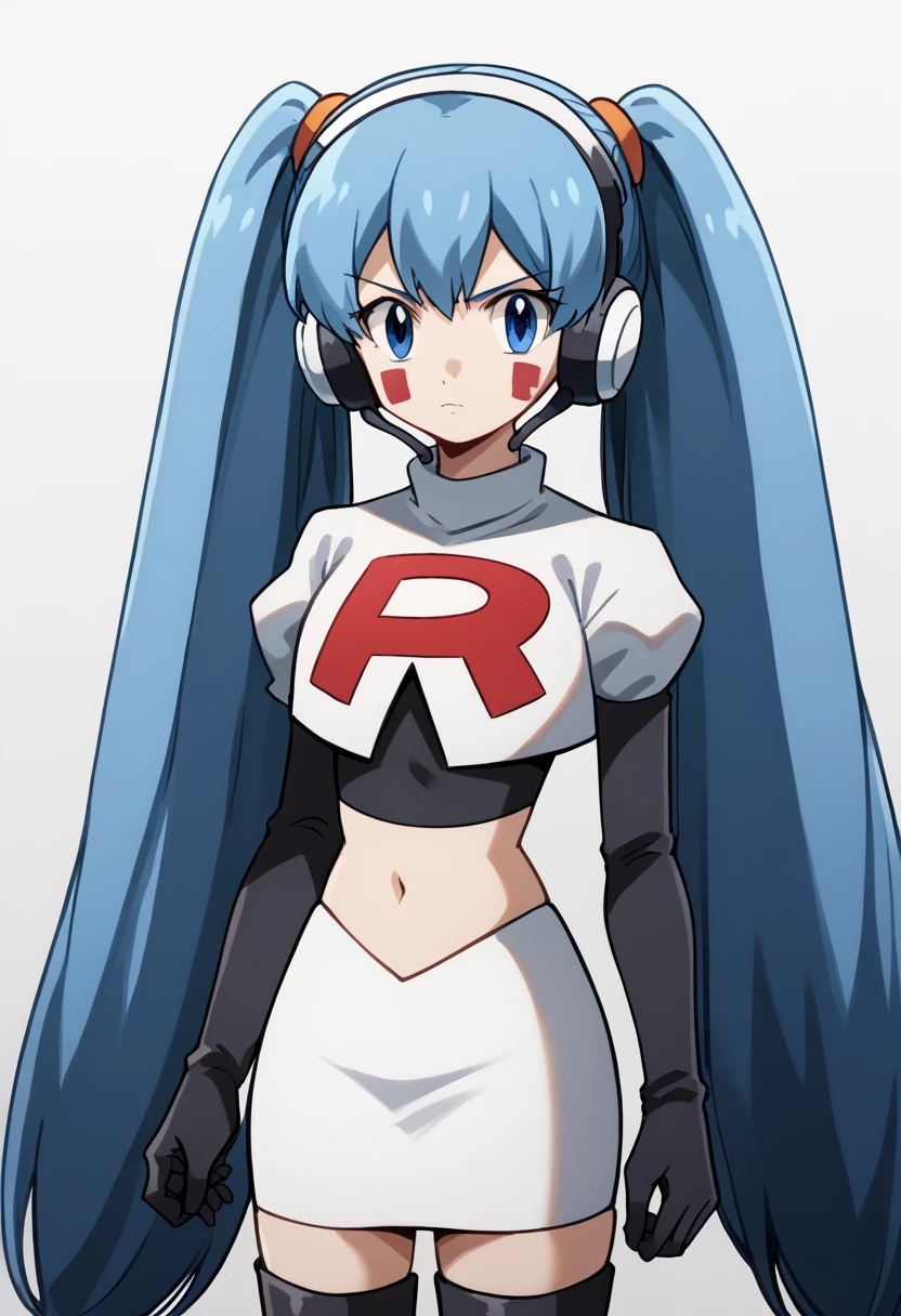 score_9, score_8_up, score_7_up, source_anime, hermit mio, long hair, blue eyes, twintails, very long hair, blue hair, facial mark,, headphones, looking at viewer, solo,, cowboy shot, team rocket,team rocket uniform,white skirt,red letter R,crop top,black thigh-highs,black elbow gloves