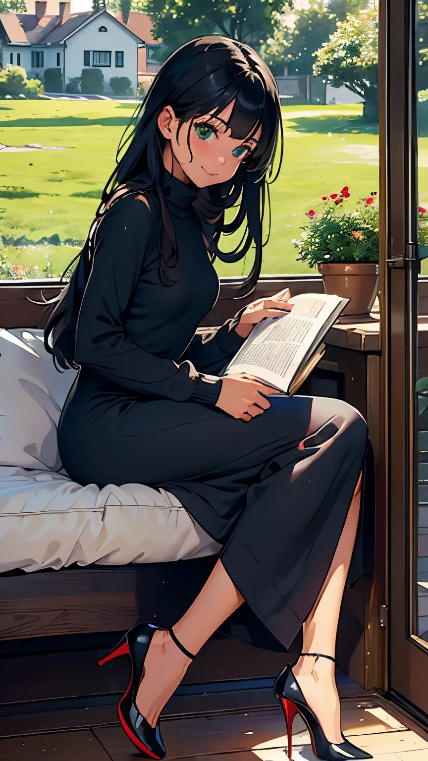    ((masterpiece, high resolution, better quality, better details)), ((Smiling)), ((one girl)) a girl reading a book on a cozy window seat in a quaint cottage, full body, wearing a long, wool knit sweater maxi dress with a turtleneck, ((long dress without openings)), ((Louboutin high heels)), visible high heels, green eyes, ((black hair, long hair)), shiny skin, ((front view)), solo, from the front, full body, focus full body, with soft cushions and a view of the countryside