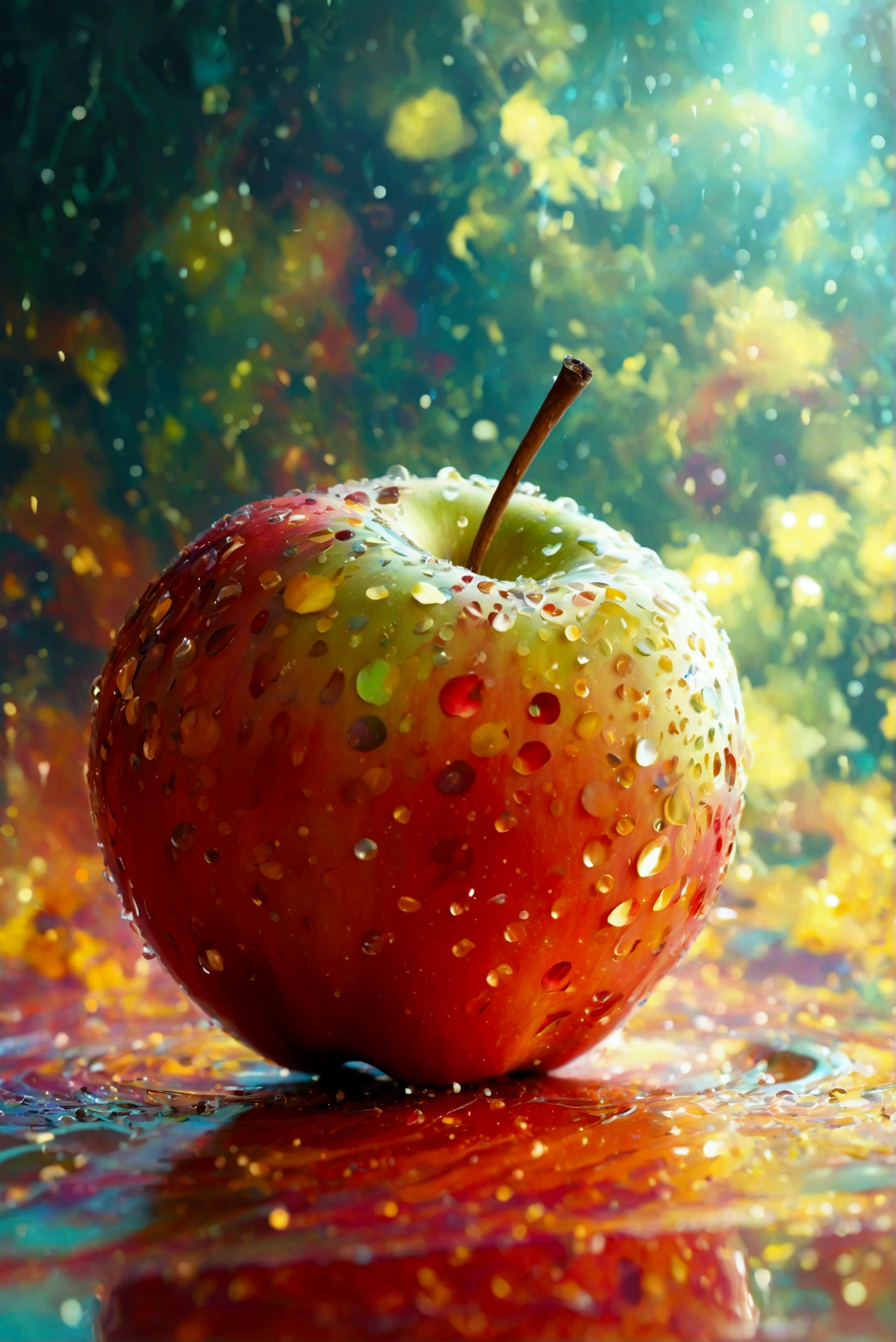 An abstract digital artwork featuring an intricate blend of colors and textures, creating a mysterious and ethereal mood. There is an apple. The overall effect is a harmonious blend of cool and warm tones, with high luminance in certain areas, contributing to the abstract and enigmatic nature of the artwork. The image has a shallow depth of field, focusing primarily on the brighter areas while maintaining a cohesive, ethereal feel throughout.