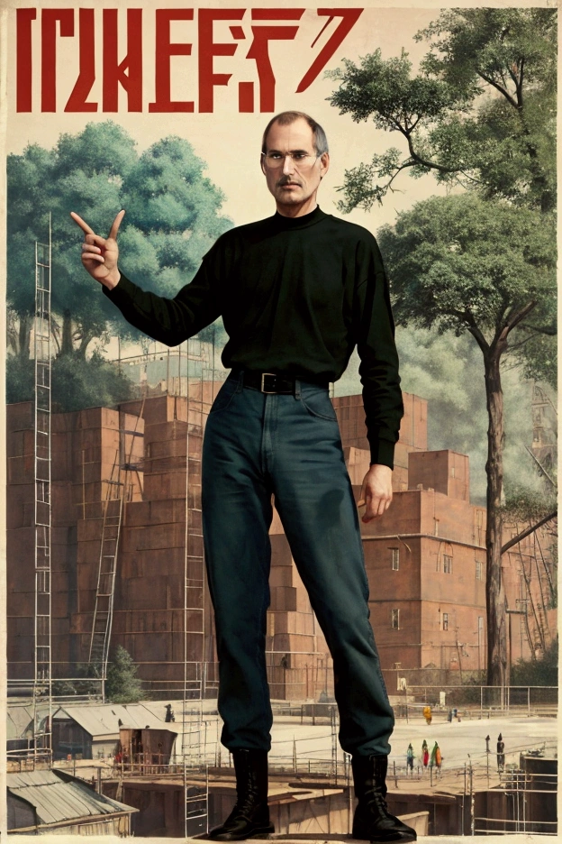 Steve Jobs ,  full length , points to inventory forests and scaffolding.  Soviet Poster style 