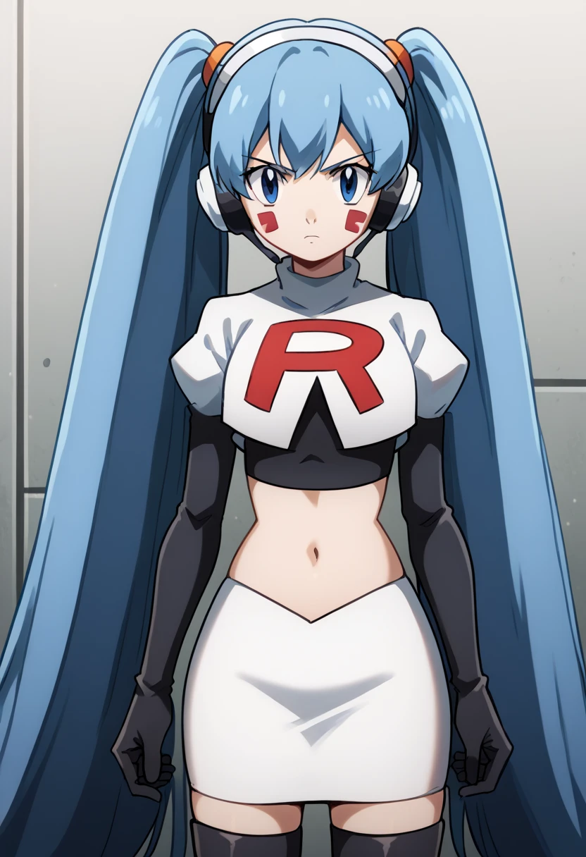 score_9, score_8_up, score_7_up, source_anime, hermit mio, long hair, blue eyes, twintails, very long hair, blue hair, facial mark,, headphones, looking at viewer, solo,, cowboy shot, team rocket,team rocket uniform,white skirt,red letter R,crop top,black thigh-highs,black elbow gloves