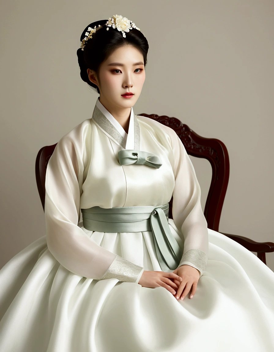 A Korean man in women's hanbok, hi is crossdresser, His face and hairstyle are very masculine, silk, Mother of the Bride hanbok Dress Outfit, breasts like a woman, white, slender female body, sexy see-through jacket, satin, little side view, full body shot, sit quietly