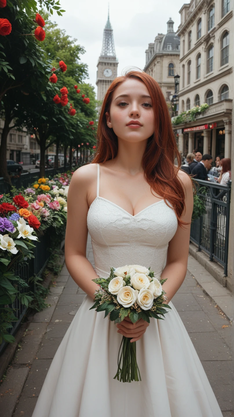 Score_9, Score_8_up, Score_7_up, 1 girl, white dress, open center, outside in a beautiful magical forest, lake, alone, long hair, redhead, blue eyes, big breasts, (front view), upper body, bouquet of flowers , impressionism, dynamic pose