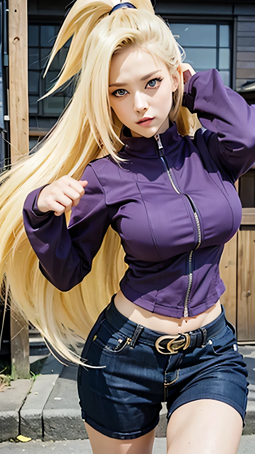 1girl, Close-up, ino\(Naruto theme), Solo, Purple Clothes, Very Long Hair, Green Eyes, Yellow Hair, Anime Style, Looking at viewer, Big Breasts, street, Cowboy Shot, jeans, Photorealistic, Realism, 