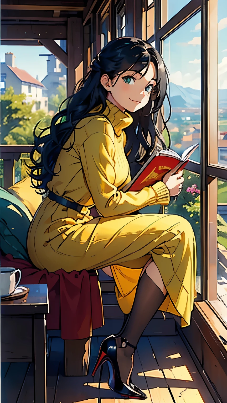    ((masterpiece, high resolution, better quality, better details)), ((Smiling)), ((one girl)) a girl reading a book on a cozy window seat in a quaint cottage, full body, wearing a long, wool knit sweater maxi dress with a turtleneck, ((long dress without openings)), ((Louboutin high heels)), visible high heels, green eyes, ((black hair, long hair)), shiny skin, ((front view)), solo, from the front, full body, focus full body, with soft cushions and a view of the countryside