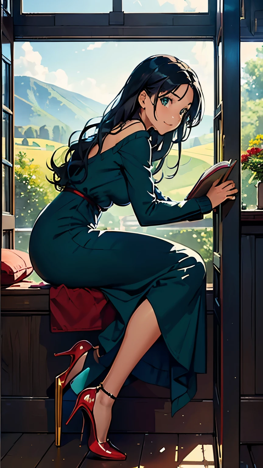    ((masterpiece, high resolution, better quality, better details)), ((Smiling)), ((one girl)) a girl reading a book on a cozy window seat in a quaint cottage, full body, wearing a long, wool knit sweater maxi dress with a turtleneck, ((long dress without openings)), ((Louboutin high heels)), visible high heels, green eyes, ((black hair, long hair)), shiny skin, ((front view)), solo, from the front, full body, focus full body, with soft cushions and a view of the countryside