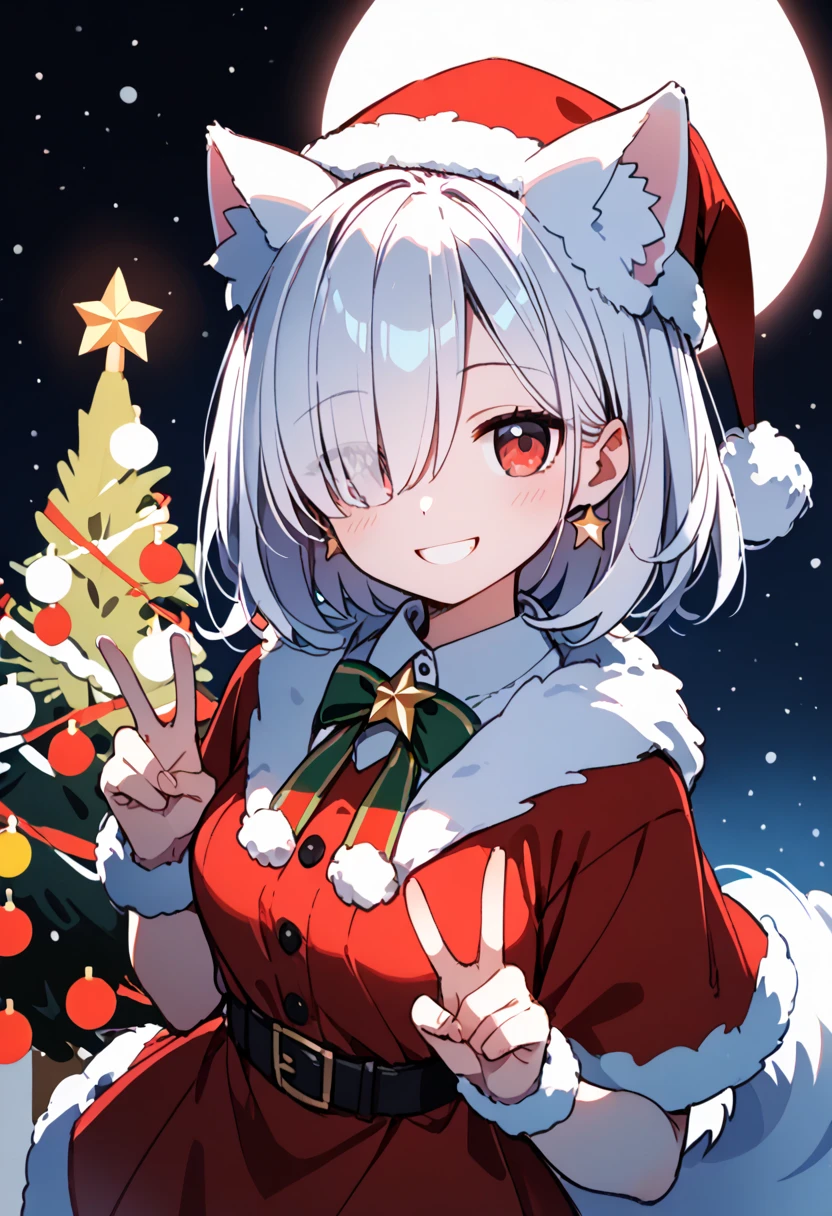 masterpiece, best quality, woman, themed Christmas, smiling, making a peace sign, looking at viewer, (medium hair:1.3), (covering right eye:1), white hair, red eyes, with white cat ears, upper body, from above, A cheerful person wearing a classic red Santa hat with white fur trim, festive holiday atmosphere, A majestic Christmas tree glowing with colorful lights, set under a starry night sky with gently falling snow, creating a magical winter scene.