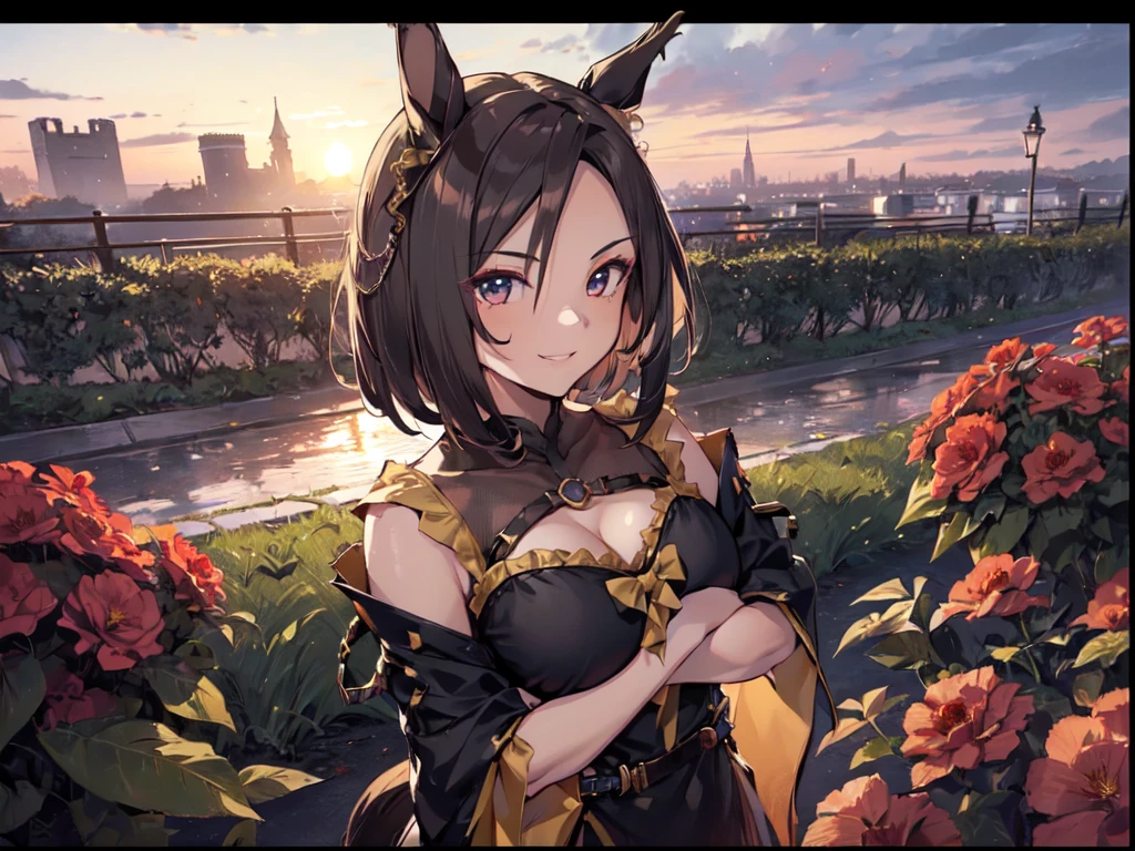 (Solo:2), (1 female:2), (Durandal), (Short fingers, short arms, short legs), (Horse ears), (Arms crossed), (Smiling, looking at camera), (Castle red garden), (Sunset), (Focus on chest), (Carefully drawn, amazing artwork, best quality, high resolution, 8K, detailed, delicate),