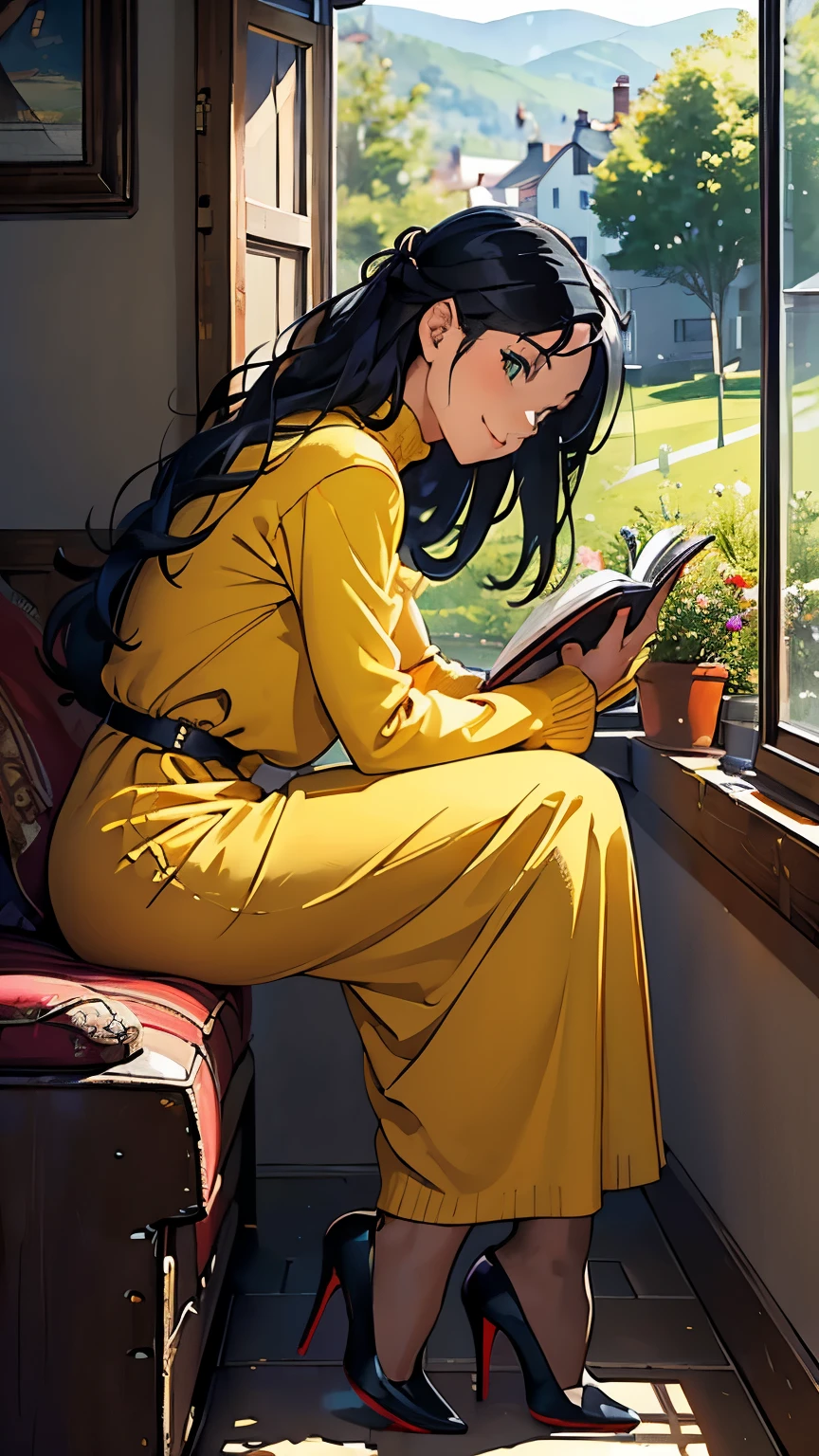    ((masterpiece, high resolution, better quality, better details)), ((Smiling)), ((one girl)) a girl reading a book on a cozy window seat in a quaint cottage, full body, wearing a long, wool knit sweater maxi dress with a turtleneck, ((long dress without openings)), ((Louboutin high heels)), visible high heels, green eyes, ((black hair, long hair)), shiny skin, ((front view)), solo, from the front, full body, focus full body, with soft cushions and a view of the countryside