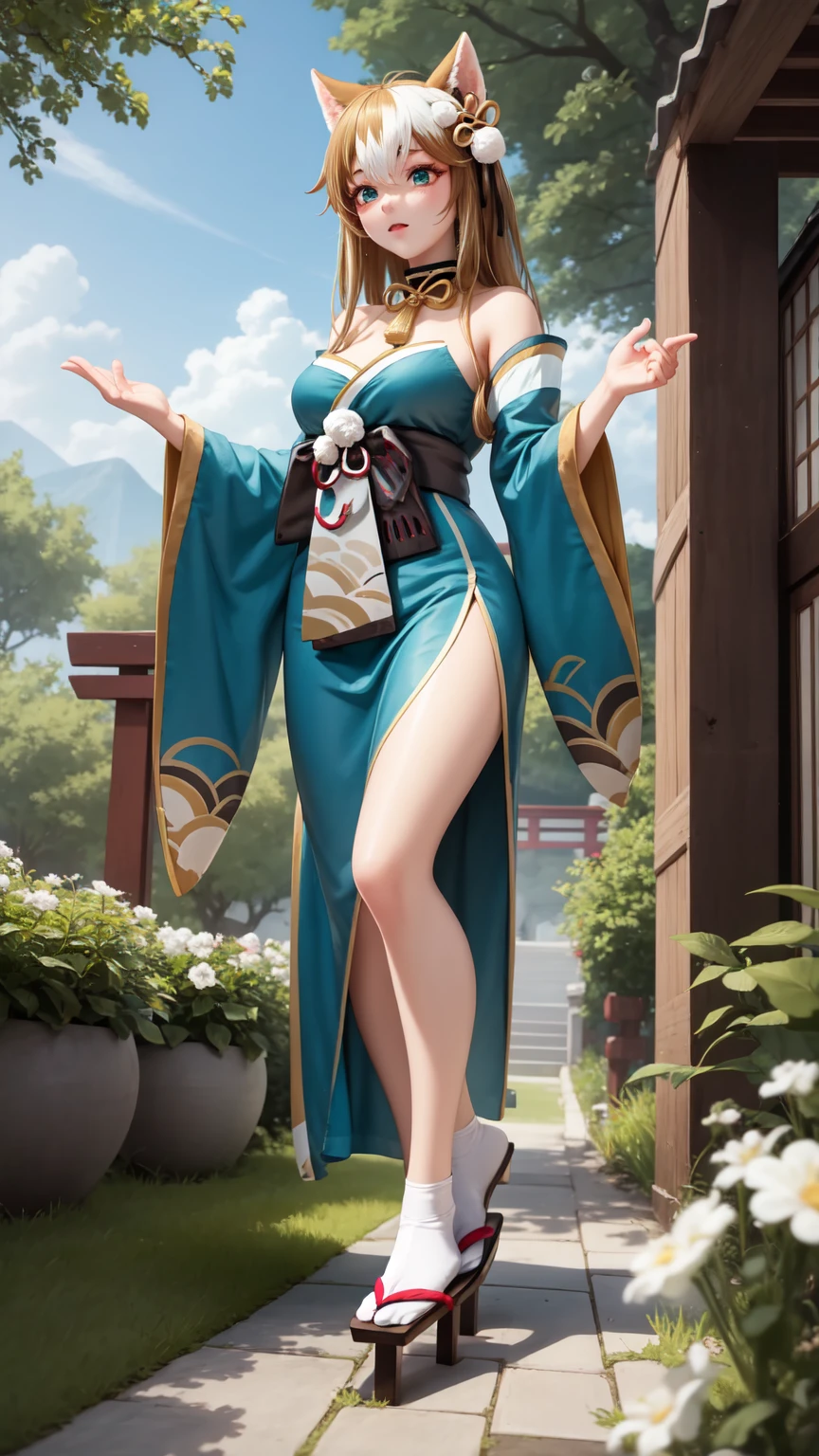  masterpiece,  better quality, De alta calidad,  full body hair drill, outdoors,  Looking at the spectator, 1 girl,  dynamic pose , hina-fi ,  Bicolor Hair ,  Japanese clothing , Green Kimono, cola,  Bare shoulders ,